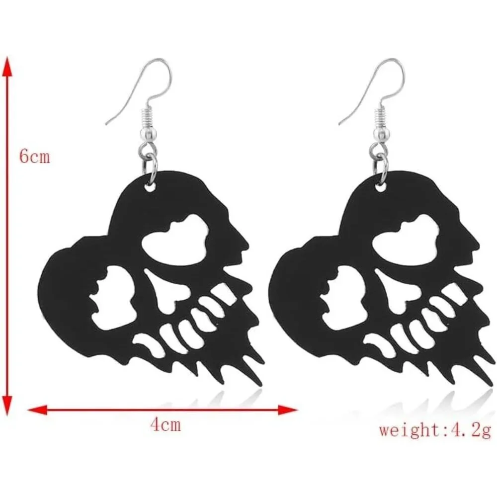 Women's Heart Skull Zinc Halloween Theme Acrylic Skull, Spider & Bat Earrings